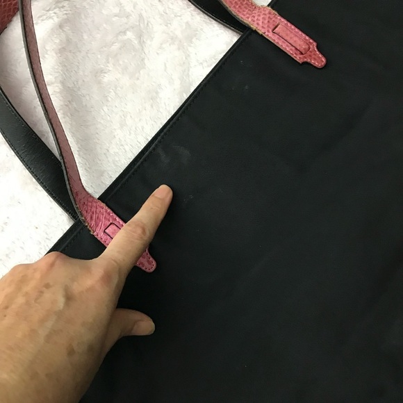 Kate Spade NY 14258 black nylon shoulder bag tote pink python leather straps - Picture 12 of 14